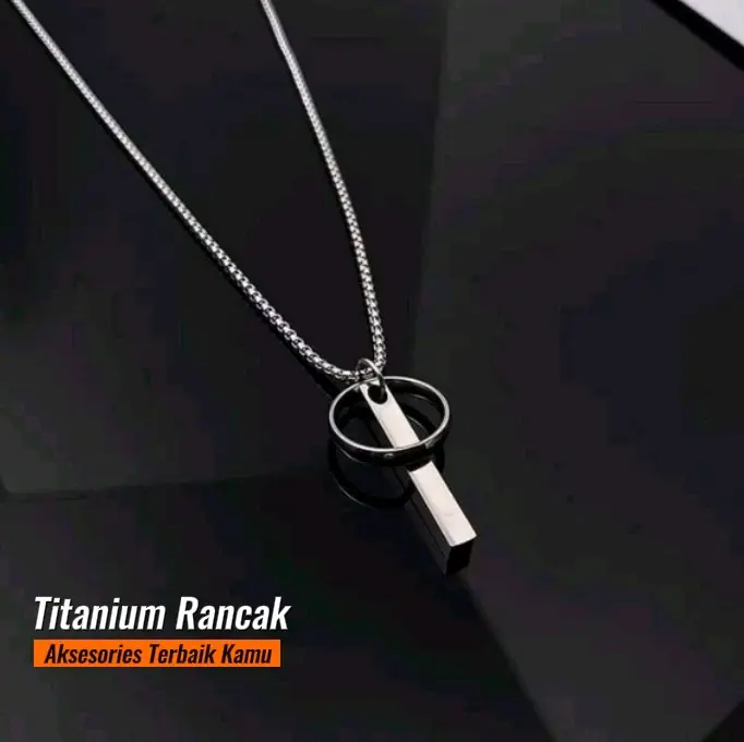 Kalung Titanium Pria Anti Karat Model Balok Cincin dengan Liontin Elegan GRATIS UKIR NAMA