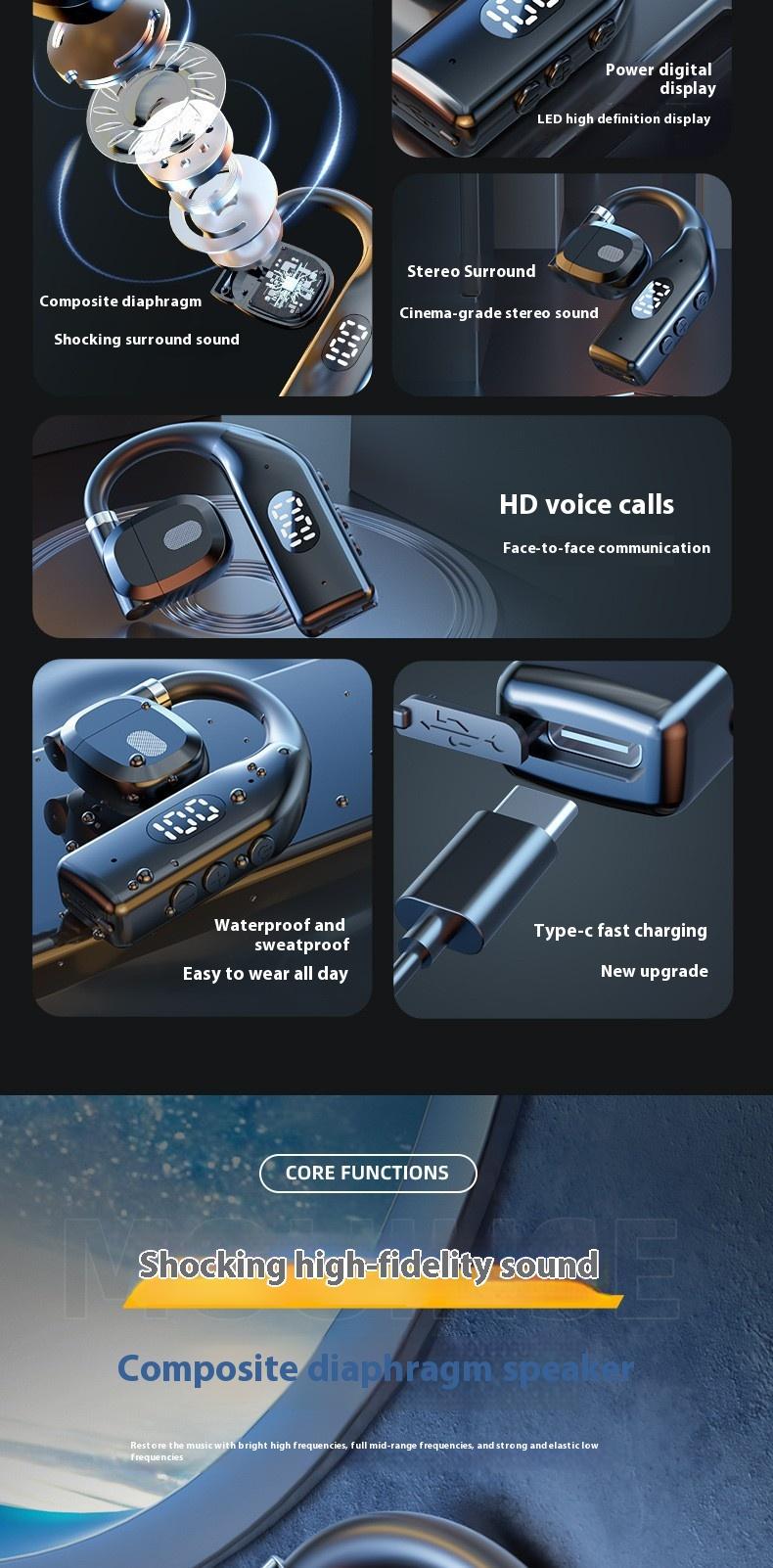 P7 wireless Earbuds terbuka olahraga headphone tidak masuk telingaNyaman memakai earphone Bluetooth nirkabel OWS headset dengan LED digital headphone satu telinga