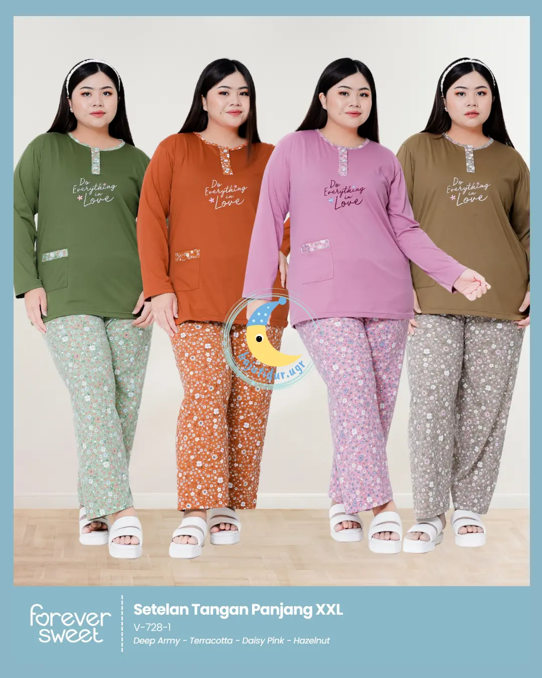 Setelan Piyama Kaos PP Forever Ukuran Jumbo XXL Ld 120 - Celana, Motif, Tangan, Cantik, Busui, Kancing, Baju, Panjang, Nyaman
