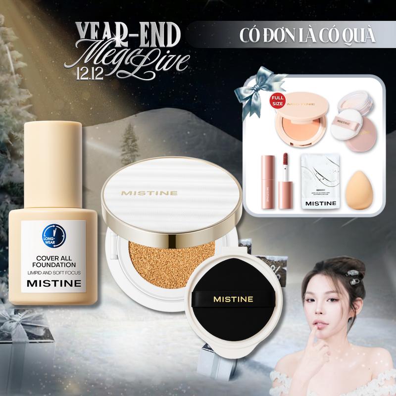  MISTINE COMBO KEM NỀN 30G + CUSHION NIGHT GLOW 12G*2  KÈM 1 LÕI REFILL  +  QUÀ  1 Má hồng 1 Phấn phủ mini 1 Son bóng 1 Mặt nạ 1 Bông mút 