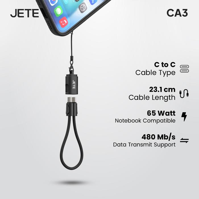 Gambar Kabel Data JETE CA3 Kabel Charger Keychain USB Type C to C 65W Fast Charging Cable Kabel Cas Lanyard Tali Gantung For iPhone Android - Black, Kabel Jete CA3 Type-C to Lightning  dari Doran Gadget Official Store Kota Administrasi Jakarta Pusat Tokopedia