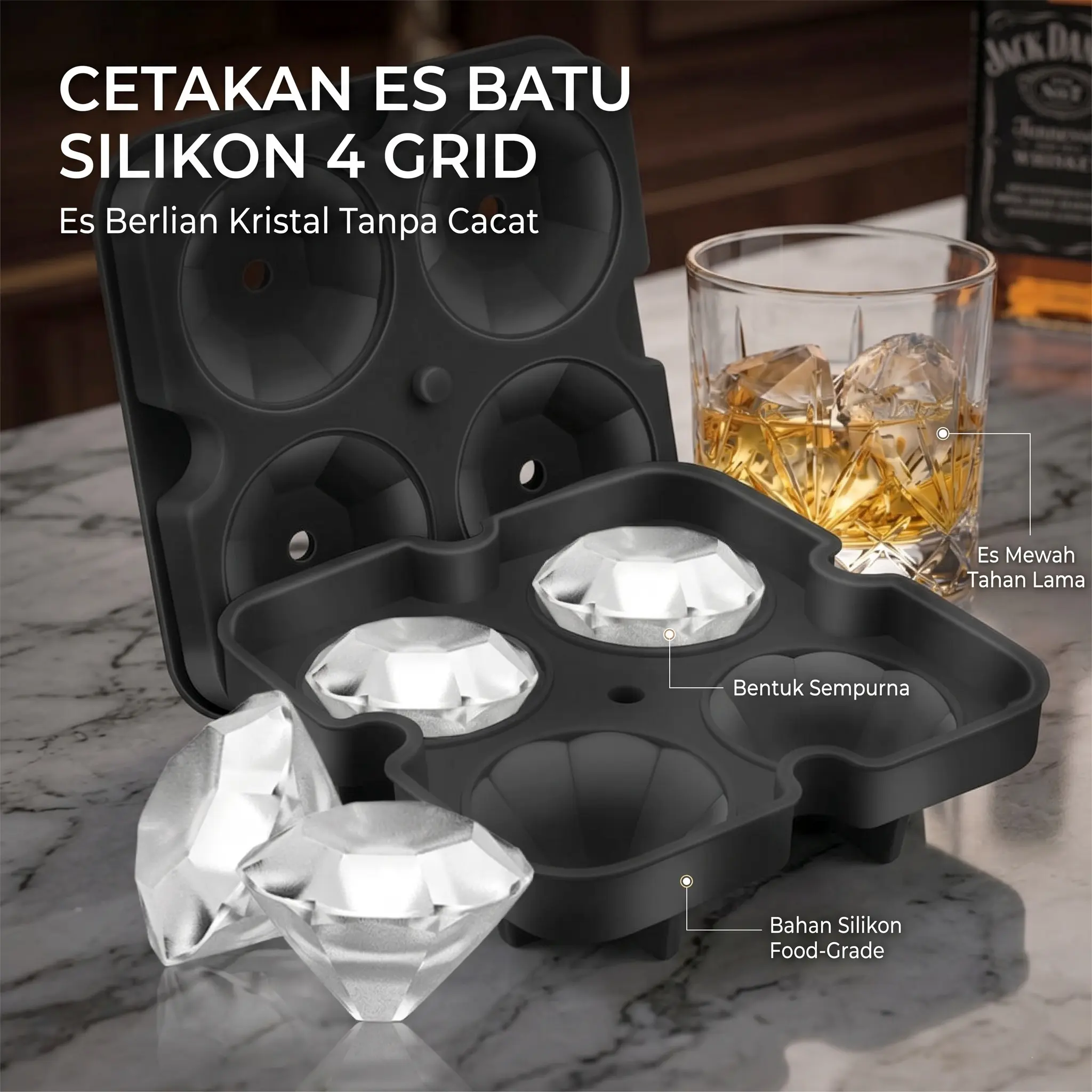 Cetakan Es Batu Silikon Berlian 4 Grid Ice Cube Mold