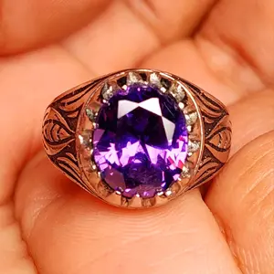 Cincin Batu Kecubung Ungu Amethies Cutting 12x10 mm AD Ring Cakar Trompah Alpaka Super Mewah untuk Tampilan Elegan