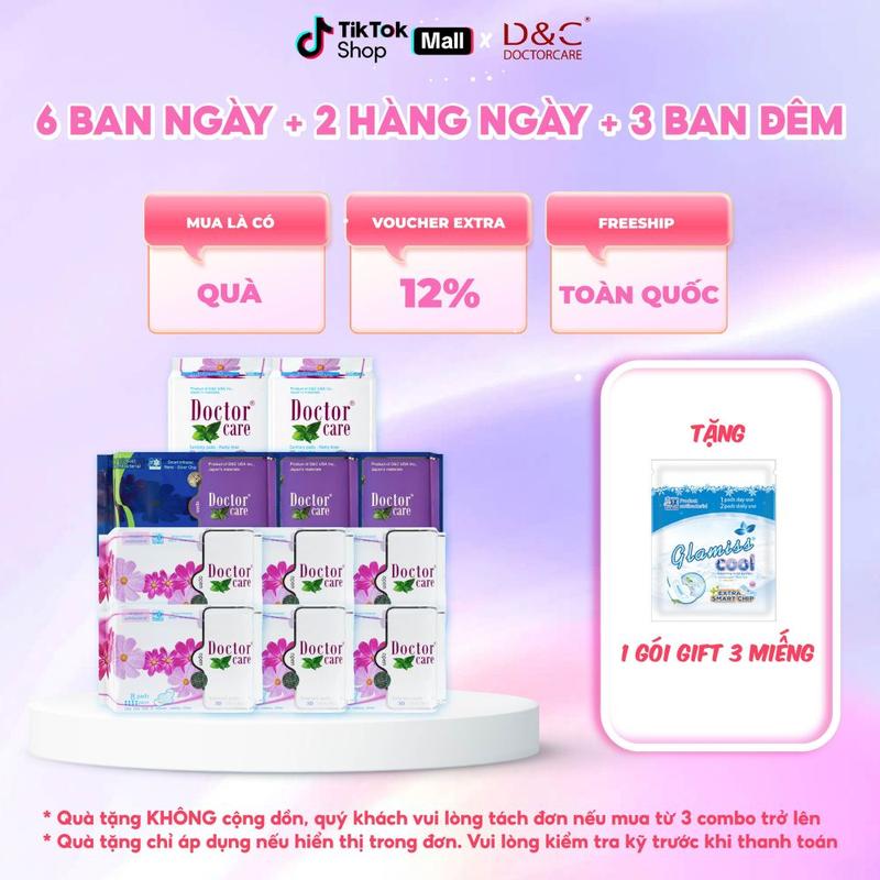 COMBO 11 gói Băng vệ sinh D&C Doctor care mát lạnh (6 BN 24cm +3 BĐ 33,8cm+2 HN 16 cm)[TẶNG 1 GIFT 3 MIẾNG BVS GLAMISS COOL EXTRA - 2HN1BN]