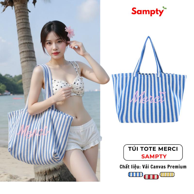  Túi Tote Canvas Merci Kẻ Sọc Thời Trang Y2K Sức Chứa Lớn Trend 2024 Sampty Bag Nữ Chữ Nhật Hình Chữ Nhật 