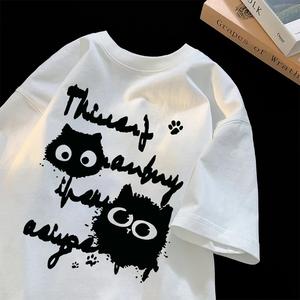 落書きペレットキャラクタープリント婦人用半袖Tシャツ、ラウンドネック、ゆったり、純綿カジュアルトップス、ラウンドネック、ショルダーベルト、ゆったりシルエット、通気性、肩落ちデザインプリントTシャツ夏のゆったりタイプ