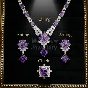 MNS37U Desain set perhiasan mewah baru penuh berlian, zirkon, kalung berlian ungu, anting-anting batu permata berwarna, cincin berlian persegi