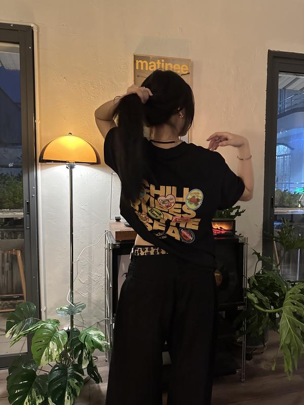 Áo thun boxy chill vibes 2104 Miucho cổ tròn vải cotton 2c 250gsm đứng form in mix 4