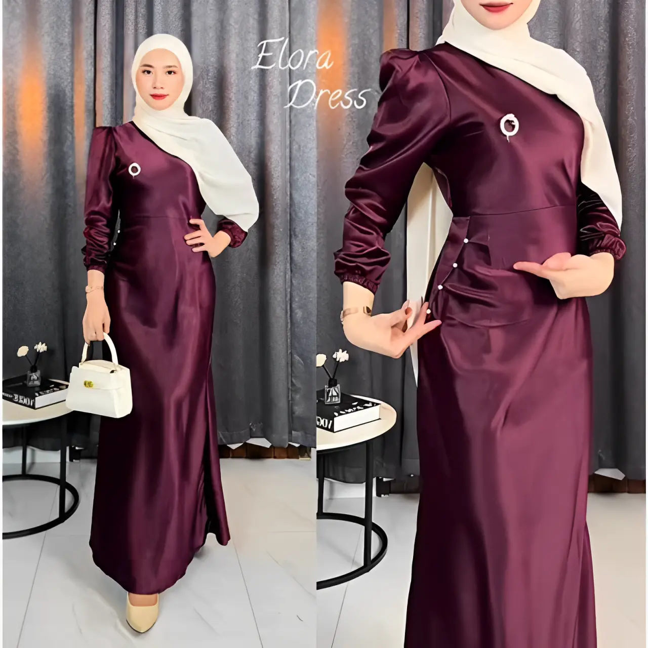 Elora Dress Satin Silk Premium Baju Fashion Wanita Kondangan Wisuda Gamis Lebaran Remaja Dewasa Muslimah Terbaru Gaun Pesta Mewah Slimfit Payet Mutiara