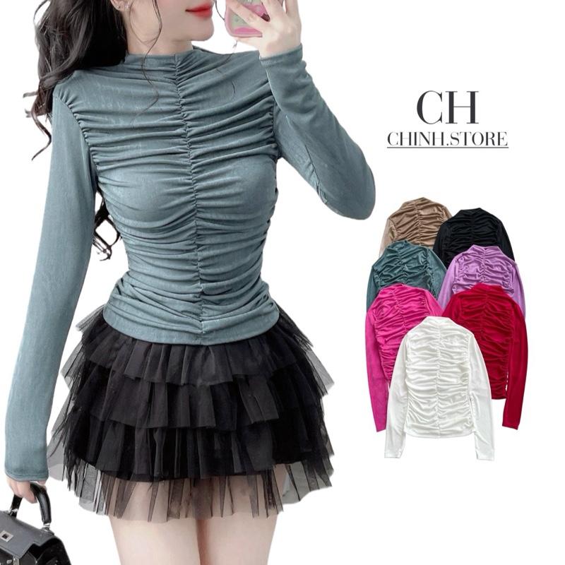 A21- Áo Cổ lọ tay dài thun nhũ nhún giữa phom ôm Nữ Women , áo cổ lọ 3 phân, áo cổ lọ nữ