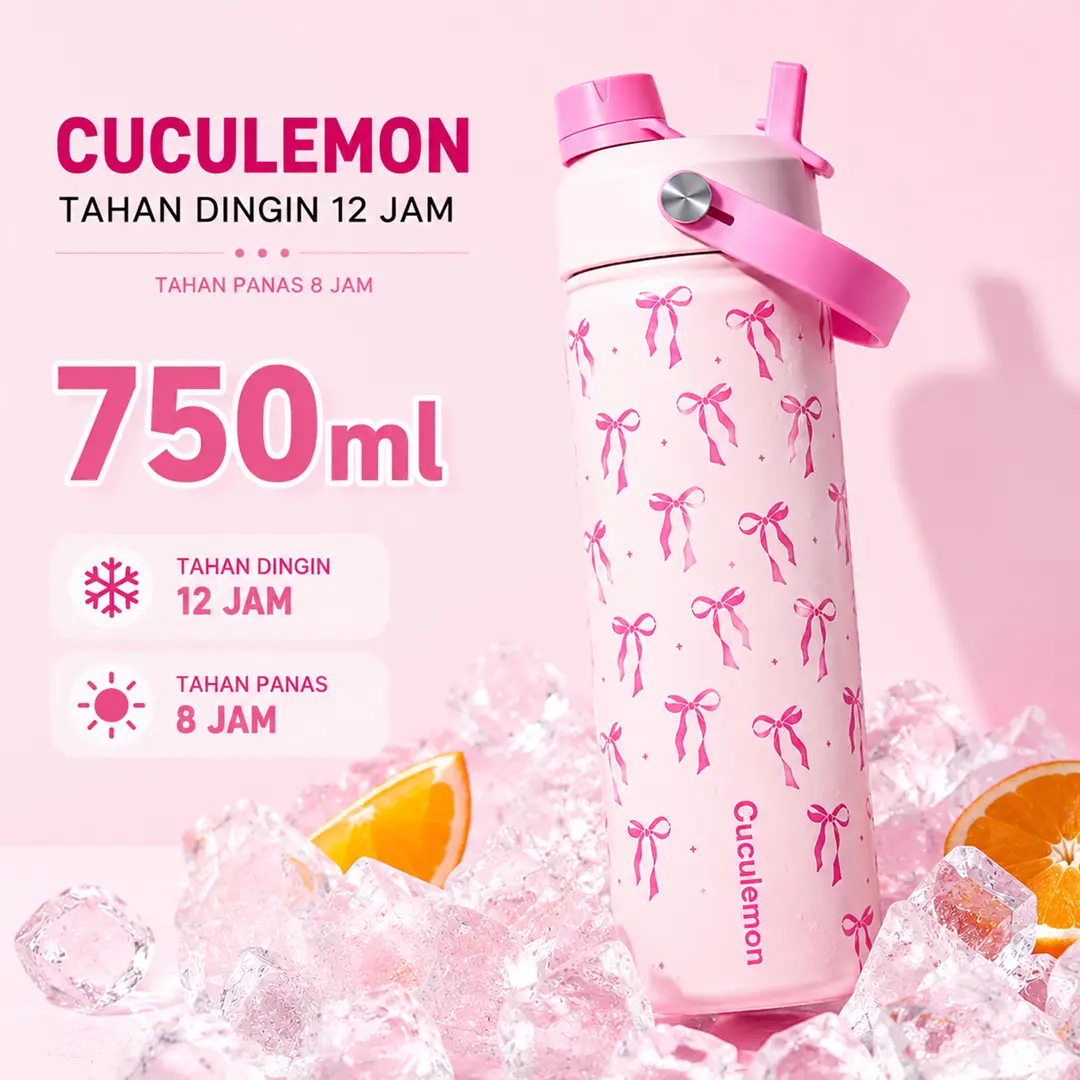 CUCULEMON Botol Minum Termos 750ML Motif Pita Pink Aesthetic Stainless Steel 304 Insulasi Vakum Tahan Panas & Dingin Tutup Anti Bocor Portable Pegangan
