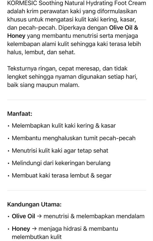 KORMESIC Krim Kaki Soothing Natural 60g - Hydrating & Moisturizing Foot Cream untuk Kaki Nyaman dan Sehat