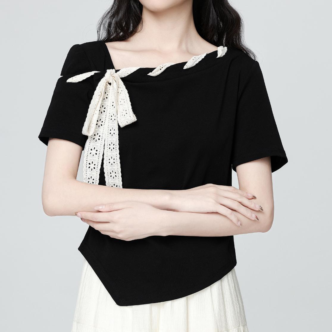 【ARCG】Kaos oblong pendek hitam slim fit untuk wanita seksi gaya street style Ikat pita simpul kupu-kupu 【ARCG】Kaos oblong pendek hitam slim fit untuk wanita seksi gaya street style Ikat pita simpul kupu-kupu