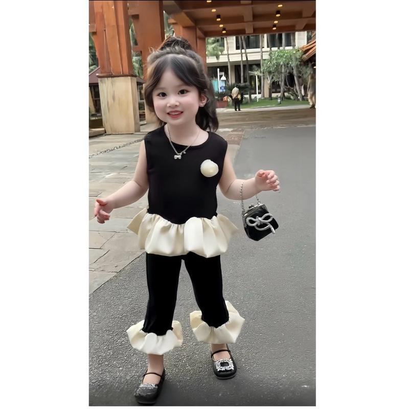 Bộ bánh bèo đen có hoa hồng gắn áo cho bé gái 10-18kg - Chất zip đẹp