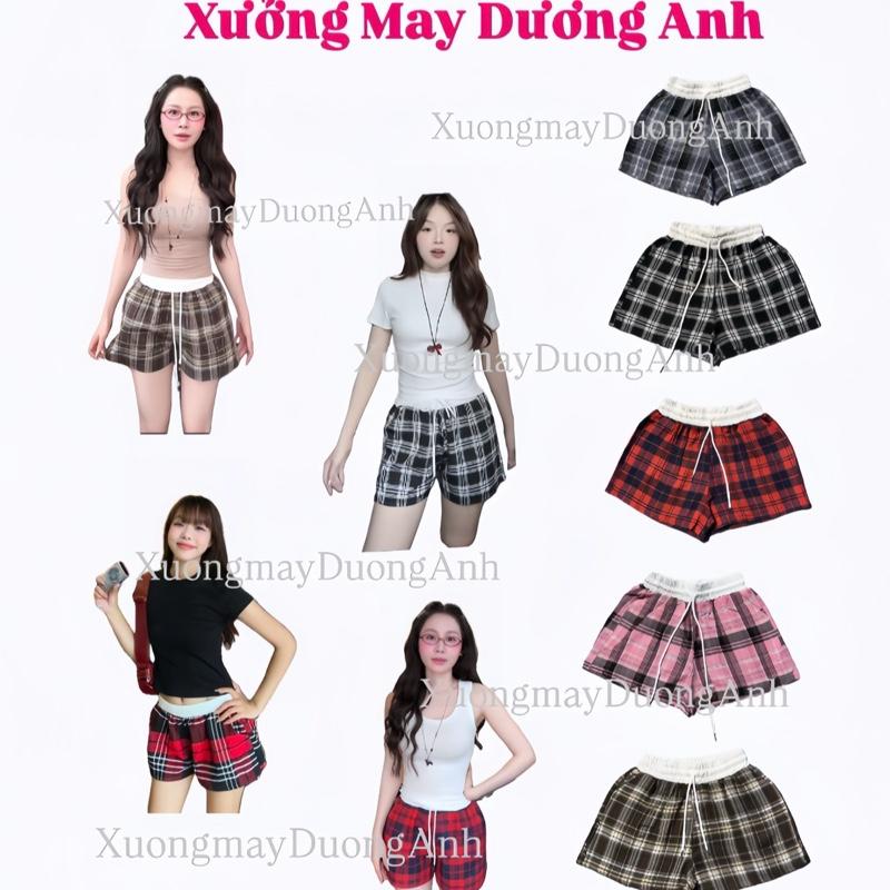 Quần Short Đùi Nữ Kẻ Caro Quần Đùi Cạp Cao Lưng Chun Trắng Có Dây Rút Chất Liệu Dạ Hàn Cao Cấp