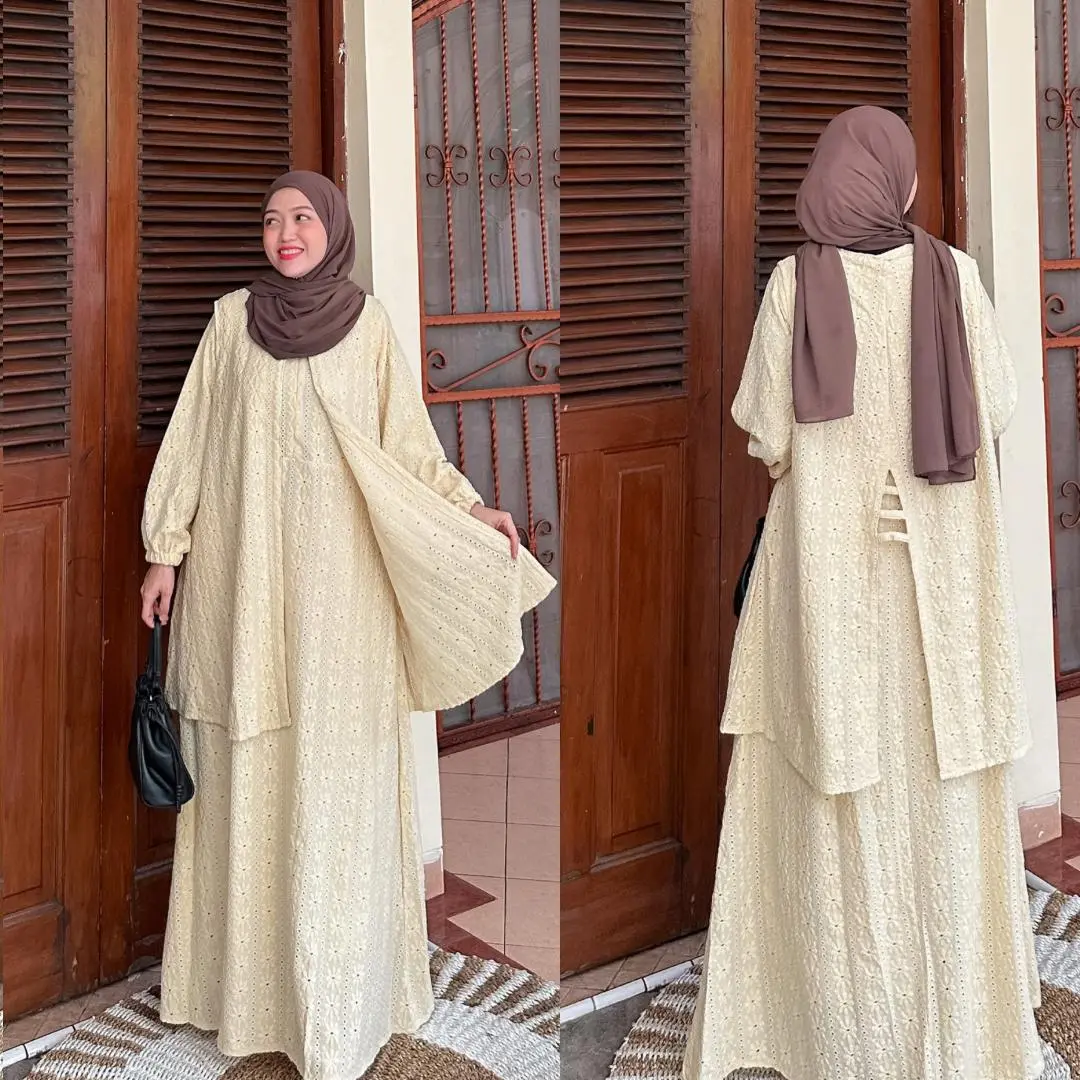 Joley Cloth - Fateema 2 In 1 Dress dan Outer Baju Busui Gamis Lebaran 2025 Muslim Wanita Setelan Lembut Gamis Kancing Wudhu Panjang Kulot Crinkle Remaja Dewasa