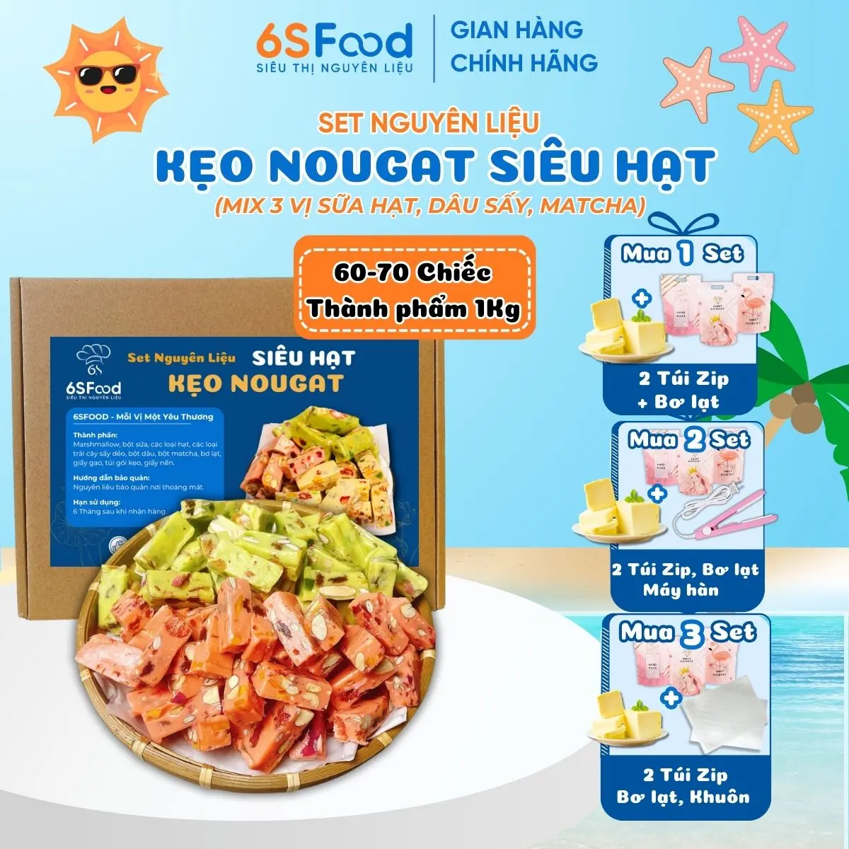 [Siêu Hạt] Set Nguyên Liệu Làm Kẹo Nougat Hạnh Phúc Thượng Hạng Kèm Bơ Lạt Mix 3 Vị Dâu Tây, Matcha, Sữa Hạt, Làm 60 chiếc, Candy, Snack, Ăn Vặt, Dùng Trog Dịp Đặc Biệt - 6sFood