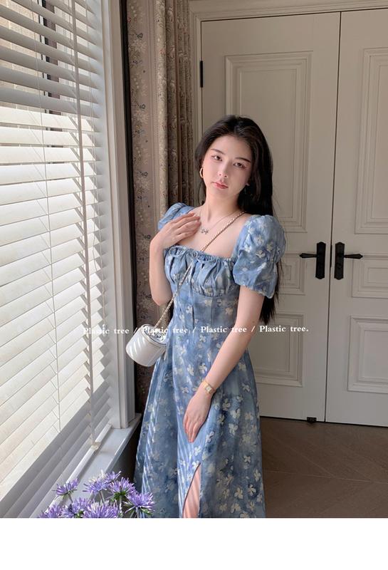 Product Introduction of phụ nữ ăn mặcĐầm Voan Pháp, In Hoa Mùa Hè, Cạp Cao Xẻ Tà, Hàng Mới Về Cho Nữ, Bó Sát Eo, Cổ Vuông, Tay bồng Hoa, Đầm Midi Dress Women 13