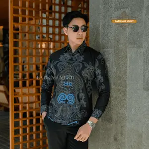 Batik Slimfit Pria Lengan Panjang Baju Kemeja Kondangan Anak Muda Katun Halus Furing Motif Wirabuana Denim