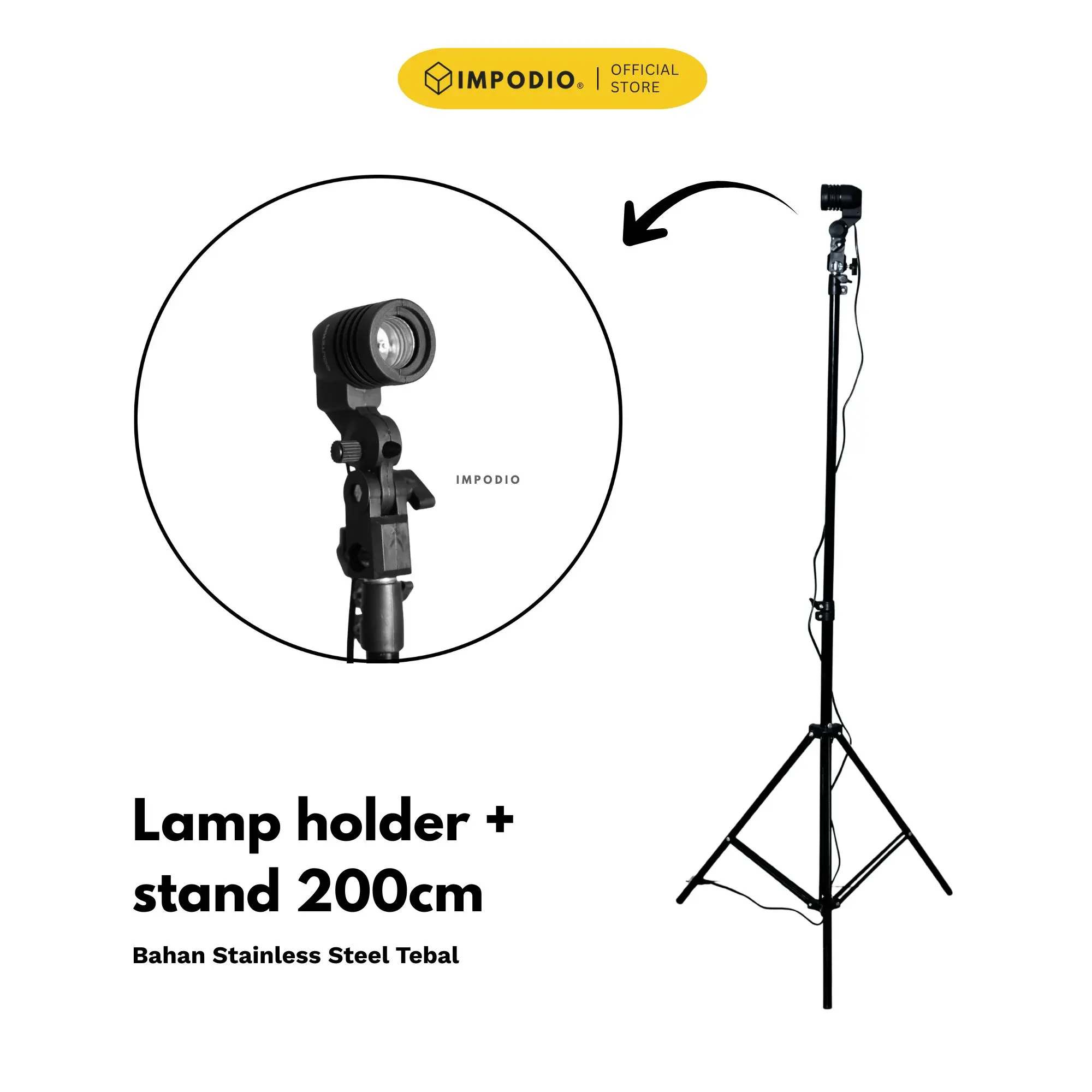 IMPODIO Lamp Holder E27 + Light Stand 200cm | Penyangga Lighting Studio Foto Video | Tripod Lampu Penerangan Konten Kreator Profesional | Kuat Stabil Material Besi Aluminium | Kabel 1.5m | Pencahayaan Studio Super Stabil untuk Berbagai Kebutuhan Konten