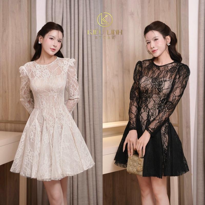 [Kiều Linh]-Váy Dự Tiệc Thiết Kế Dài Tay KL571 chất liệu Ren Hoa Thêu, chân váy triết li xòe tỉ mỉ, 2 Lớp Lót, Giấu Đường May