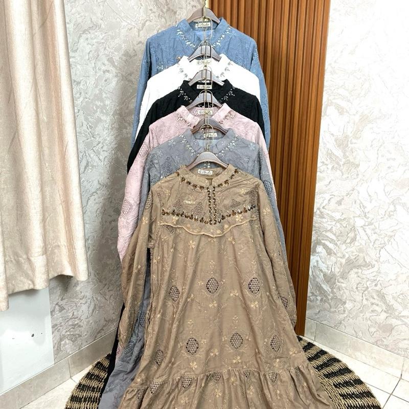 Khemari Cassandra Series - Gamis dan Midi Dress Premium Katun Bolong Katun Bordir Krancang Aplikasi Payet 5