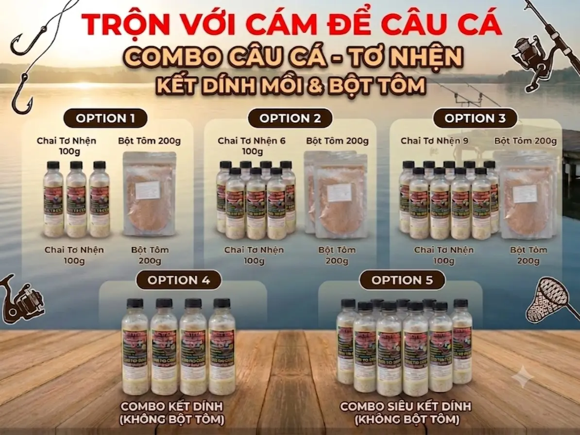 [ CHAI 100gr ] 5COMBO [3 Chai +1 GÓI bột tôm 200gr -6 Chai -2 gói- 9 chai + 3goi]  HOẶC [ KHÔNG BỘT TÔM] 4 CHAI VÀ 7 CHAI  [TƠ NHỆN KHÔNG MÙI kết dính mồi TRỘN VỚI CÁM  ] Bắt Cá Fishing Đi Câu Fish Câu Cá