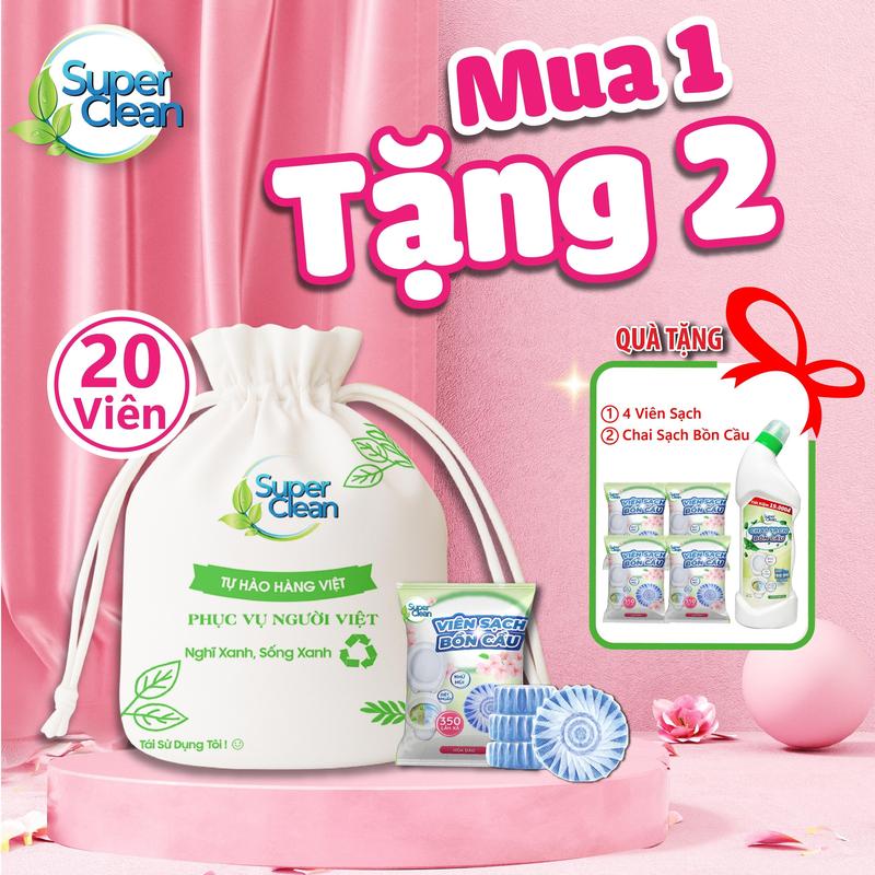 (MUA 1 TẶNG 2) Combo 20 viên sạch Super Clean+ Tri ân 1 chai sạch bồn cầu Super Clean 800ml + 04 viên sạch, sạch mảng bám và diệt khuẩn Làm Sạch viên  xả nước  xả, trúc vệ sinh bồn cầu