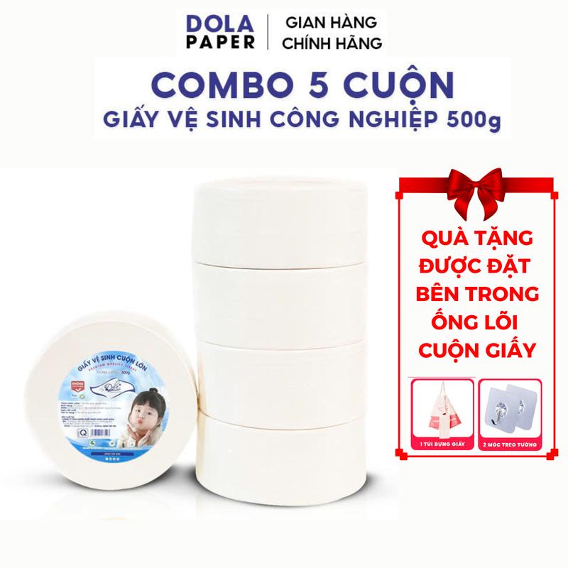DOLA - [TẶNG TÚI ] Combo 5 cuộn - Giấy vệ sinh công nghiệp cuộn lớn 500G - giấy 3 lớp mềm mịn tan nhanh trong nước - giấy cuộn tròn lớn