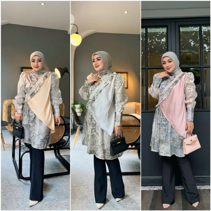 raya tunik , tunik mewah dengan bahan sutra kombinasi organza tile