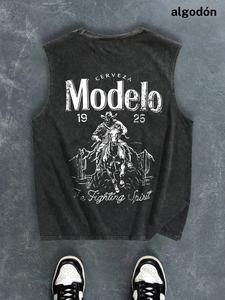 Camiseta sin mangas para hombre de corte regular con estampado de vaquero de caricatura y letras, cómoda y transpirable para el verano, ropa de moda para uso diario, calcetines