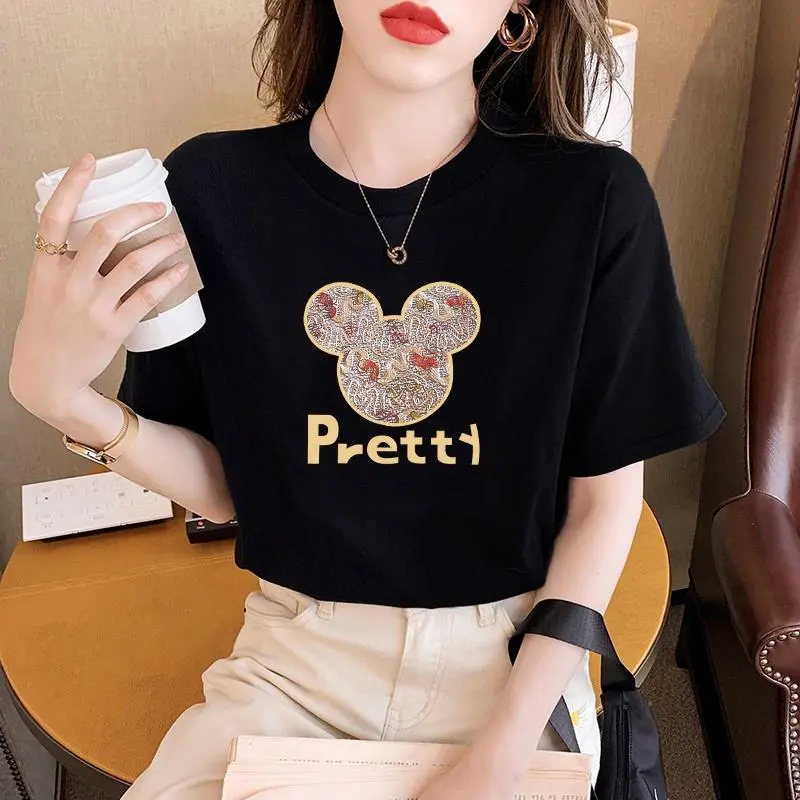 T-Shirt Wanita Model Terbaru Korean Style dengan Lengan Pendek COD Mickey Casual Aesthetic Soft Mini Baju Atasan Motif Hitam Kaos Simple Basic Tee Top Vintage Putih Polos 1