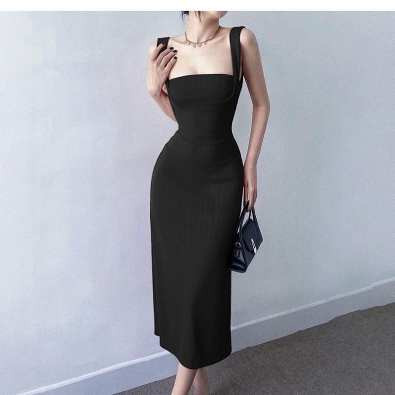 Product Introduction of Square neck sleeveless camisole backless dress for women, solid color fashionable Binding strap Retract your waist Wrap the buttocks bodycon mid length skirt 6