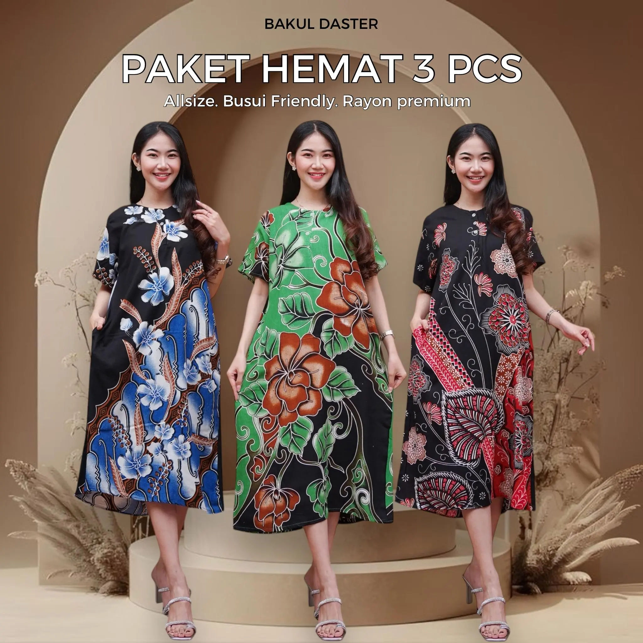 3 PCS PAKET HEMAT DASTER Rayon PREMIUM Dress Tidur BUSUI KEKINIAN Bumil Wanita  Kancing Midi Batik Motif Pendek Bunga Panjang Katun