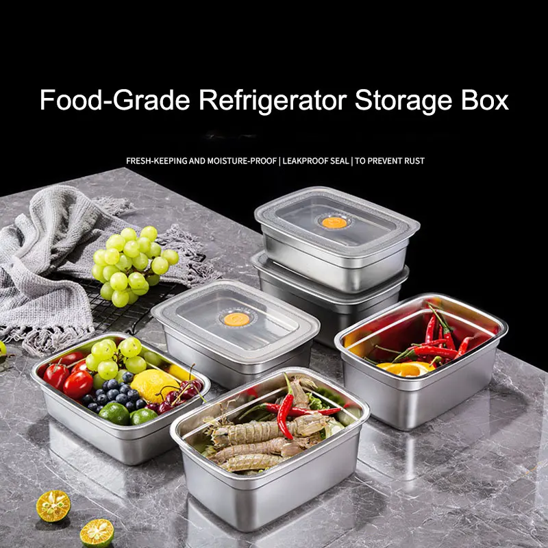 Thickened Stainless Steel Food-Grade Refrigerator Box with Lid,Storage Container ,Airtight Food Storage Box,Sealable Food Container  Perfect for Freezing and Sealing Food Freshness