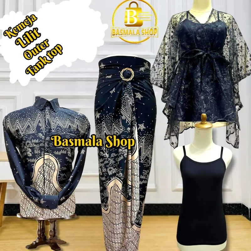 couplean satu set lengkap dengan kemeja lengan panjang atasan outer pita dan inner tank top serta bawahan lilit batik kekinian untuk acara kondangan wisudah dan lain nya 1