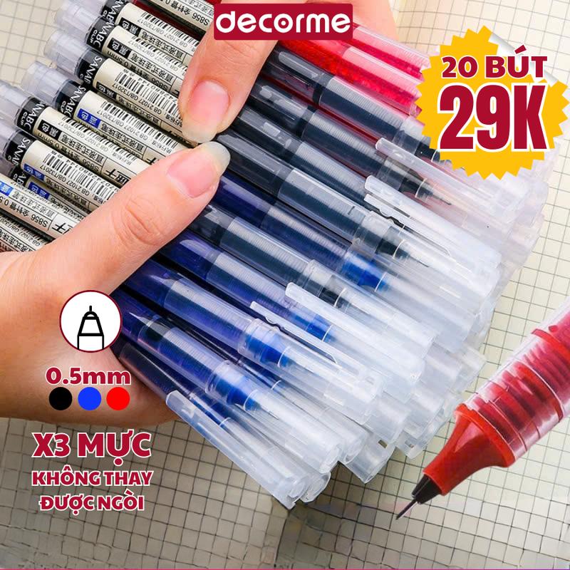 Set 20 bút nước ống lớn ngòi kim DecorMe ống mực nhiều gấp 3 ngòi 0.5mm 3 màu đen xanh đỏ viết mực đẹp nét đều Snowhite Muji văn phòng phẩm