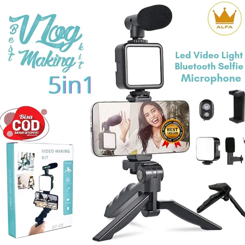 Vlogging Kit Tripod Mini Holder Alat Vlog Hp Lengkap Vloger Handphone 5 in 1 Item Led Light Phone Microphone Remote Bluetooth Kamera Lampu Wireless 0