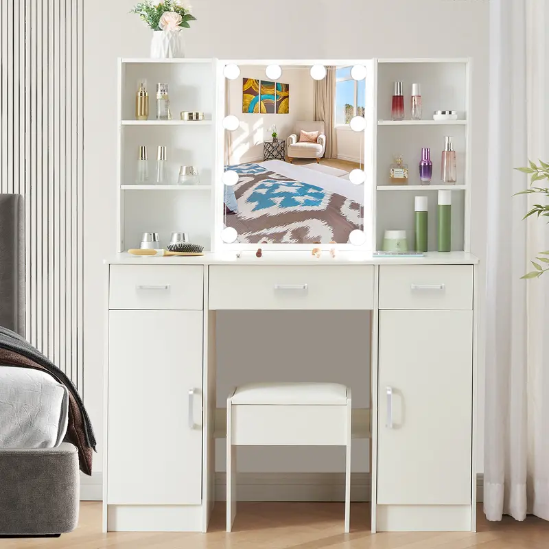 White Dressing Table with Adjustable LED Lights Mirror 3 Color Temperatures Vanity Desk with 3 Drawers and 2 Cabinets Large Makeup Desk Bedroom Dresser 0