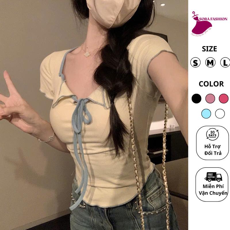 GIÁ TRI ÂN KHÁCH HÀNG Áo Kiểu Nữ Cộc Tay Cổ V Kết Hợp Dây Thắt Nơ Điệu Đà Sora Fashion Áo Thun Nữ Bigsize Thun Tăm Hàn Thoáng Mát 217