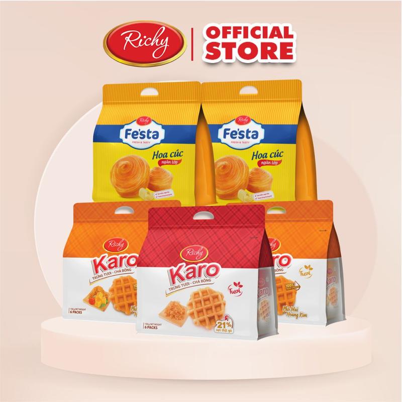 Combo 5 túi bánh mì tươi karo và hoa cúc ngàn lớp Fe'star 120g 30g x 4 bánh Ăn Vặt Snack