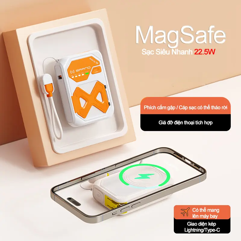 【Dau Dau x AxeElectronics】Sạc dự phòng đa năng, 10000mAh, sạc từ tính, cáp sạc Type-C / Lightning Có Thể Tháo Rời phích cắm gấp AC tích hợp, chân đế điện thoại tích hợp, sạc nhiều thiết bị cùng một lúc, bao gồm sạc dự phòng, cáp sạc và hướng dẫn sử dụng 7