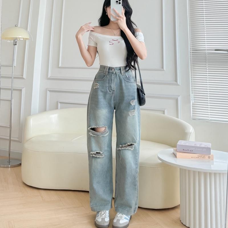   Dài 98cm  Quần Jeans Suông Lưng Cao Đai Đôi Rách Cá Tính Bản Lai To Thảo Xinh Store 40-65kg 