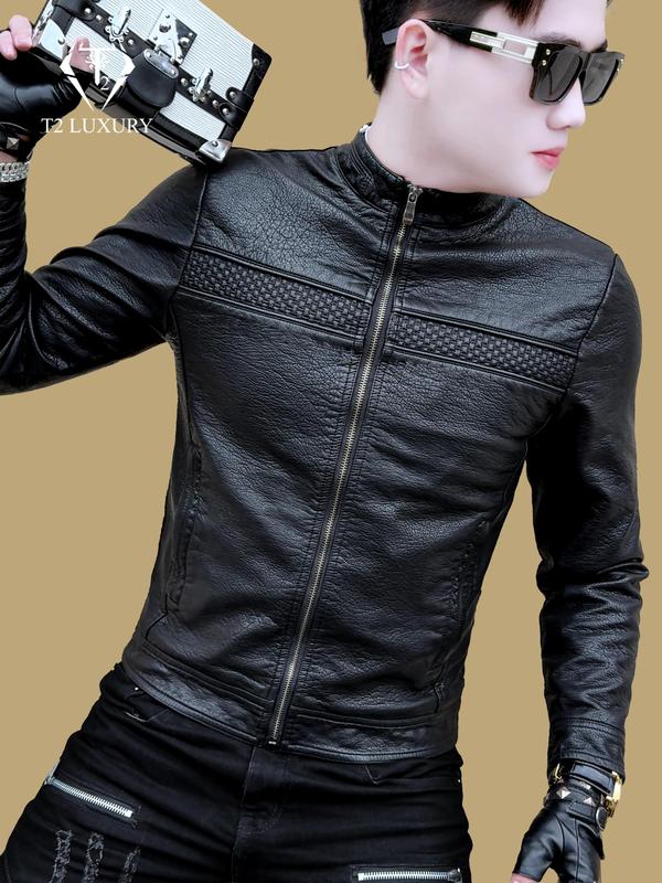 Áo da nam vân da sắc nét phối viền da ngực hàng Quảng Châu da cao cấp Menswear Jacket Màu Đen