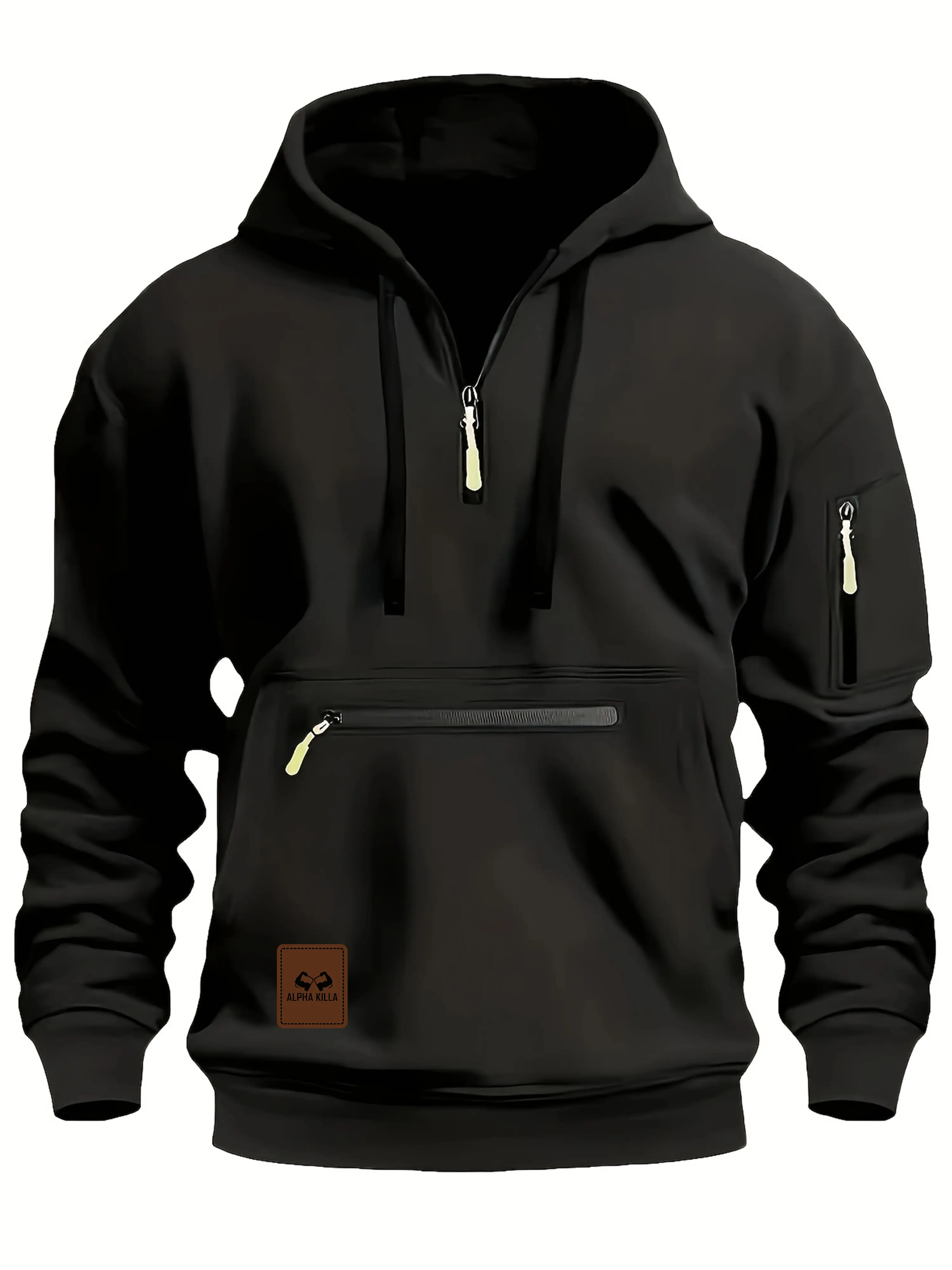 A men's long-sleeved hooded Henley, casual sports jumper with multiple pockets, polyester knit blazer for fall and winter