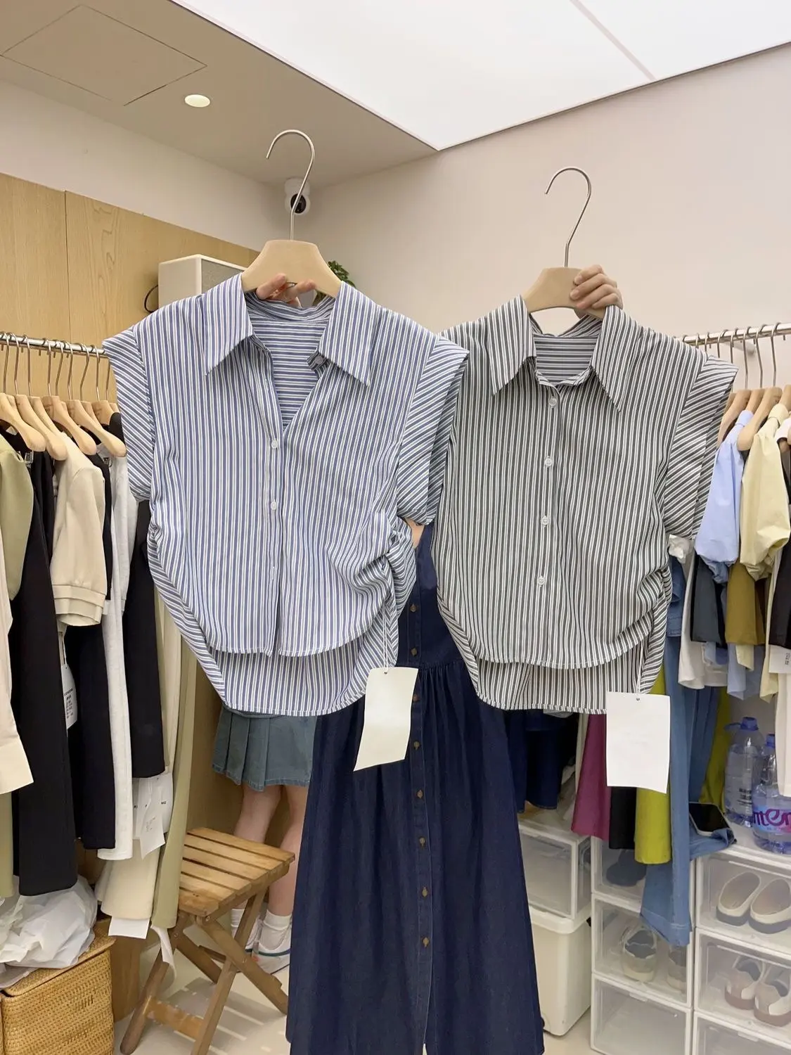 Summer New Polo Collar Striped Sleeveless Shirt Top Ladies