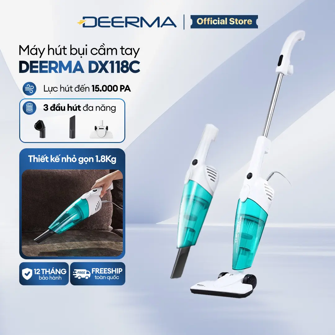 Máy hút bụi cầm tay Deerma DX118C kèm 3 đầu hút đa năng và 1 lõi lọc làm sạch - Bảo hành 12 tháng