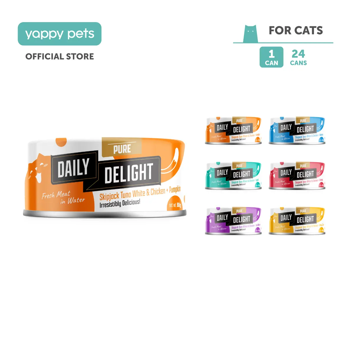 Daily Delight Pure Cat Wet Food 80g | Skipjack Tuna White & Chicken, Meal Topper, Meow Baby Calm Pumpkim Salmon Sea Beam Shrimp Squid