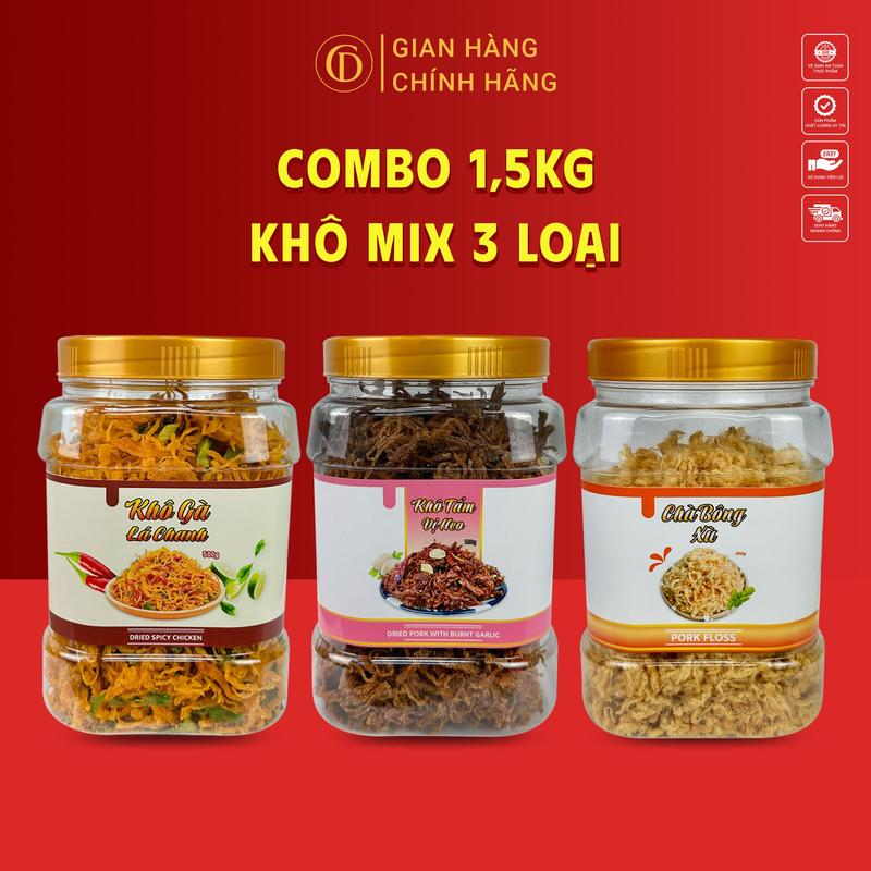 Combo 1KG5 Khô Mix Vị [Khô Gà Lá Chanh+ Gà Bơ Tỏi +Khô Tẩm Vị Heo/Chà Bông Xù](Đầy Đủ Hồ Sơ Công Bố & Kiểm Nghiệm Sản Phẩm)