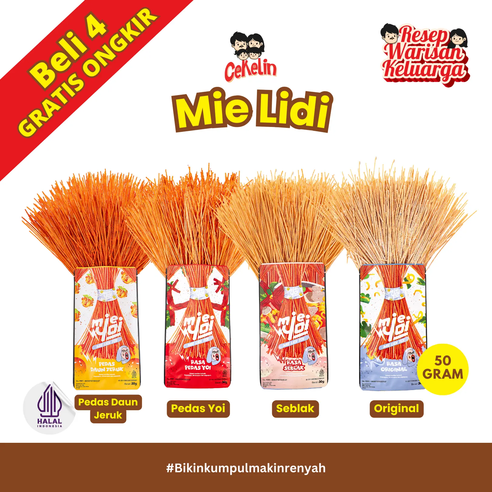 CEKELIN Cemilan Mie Lidi - Isi 50gr  Beli 4 Gratis Ongkir  Snack